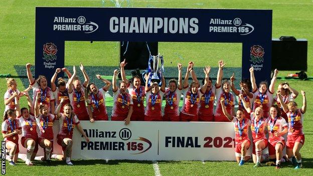 Harlequins celebrate with the Premier 15s trophy