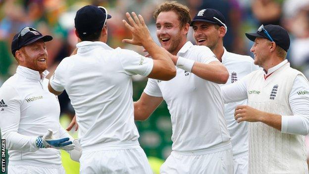 Stuart Broad celebrates one of his six second-innings wickets