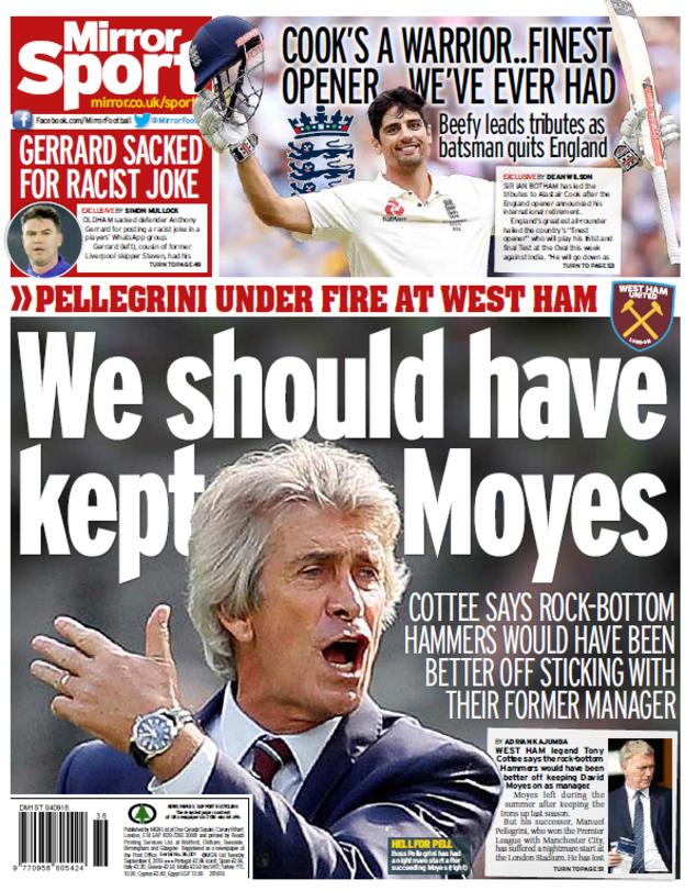 Daily Mirror back page on Tuesday
