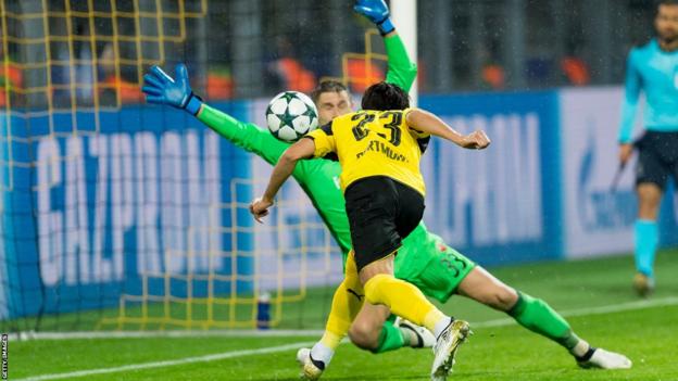 Borussia Dortmund's Shinji Kagawa scores against Legia Warsaw in the 2016 Champions League group stages