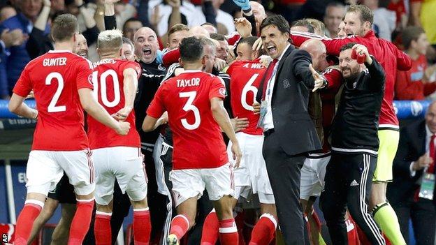 Wales players celebrate Hal Robson-Kanu's wonderfully-taken goal