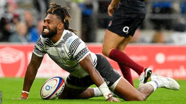 Waisea Nayacalevu of Fiji scores the team's first try during the Summer International match between England and Fiji at Twickenham Stadium on August 26, 2023 in London, England