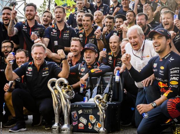 Max Verstappen celebrates winning the Italian Grand Prix with his team