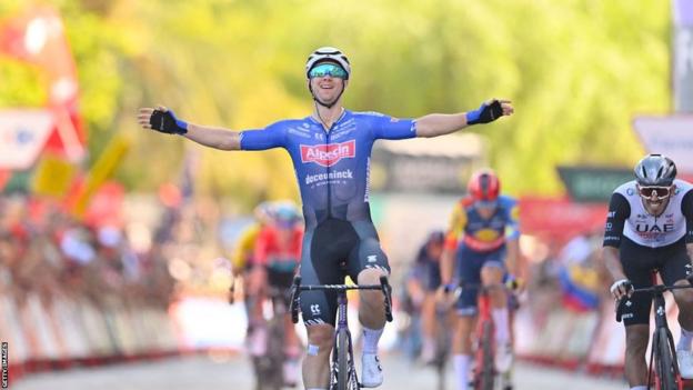 Kaden Groves crosses the finish line to win stage four of the Vuelta a Espana