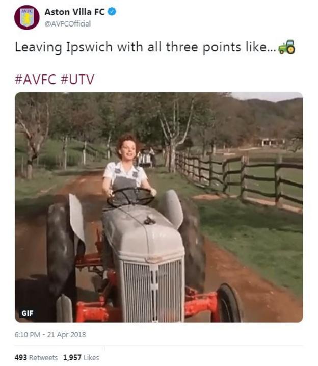 Aston Villa post a gif of a woman driving a tractor to troll Ipswich