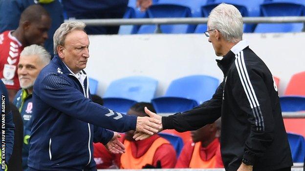 Mick McCarthy (right) shakes hands with Boro boss Neil Warnock, one of his predecessors as Cardiff manager