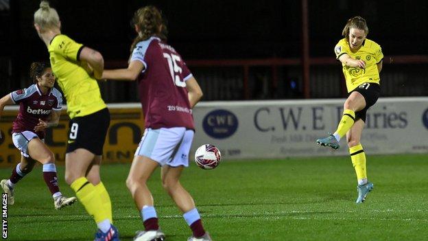 Niamh Charles scores Chelsea's second goal against West Ham