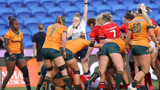 Wales score a try against Australia in the WXV tournament