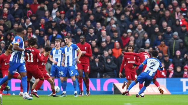 Tariq Lamptey takes a shot against Liverpool that leads to Brighton's opening goal