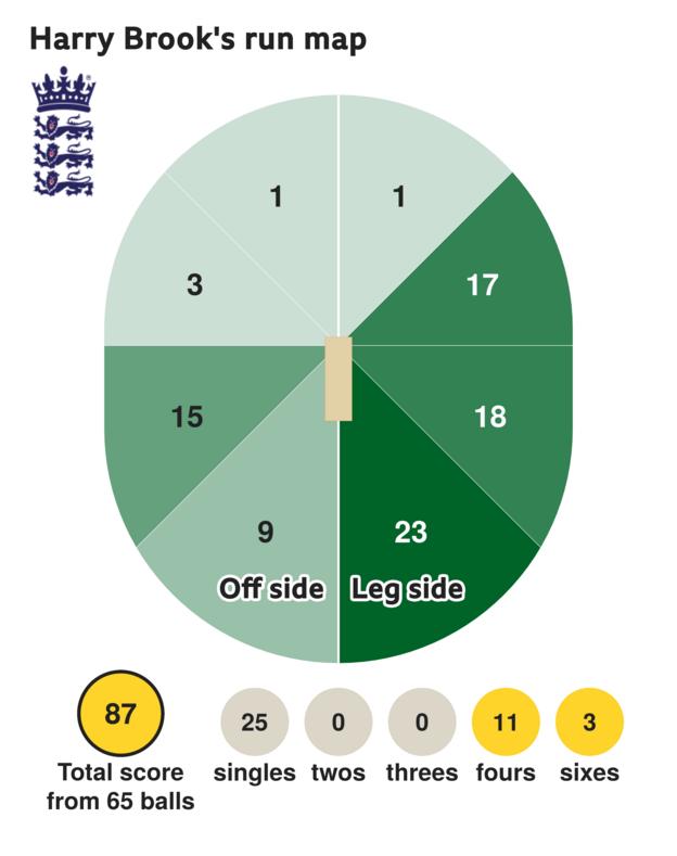 The run map shows Harry Brook scored 87 with 3 sixes, 11 fours, and 25 singles for England