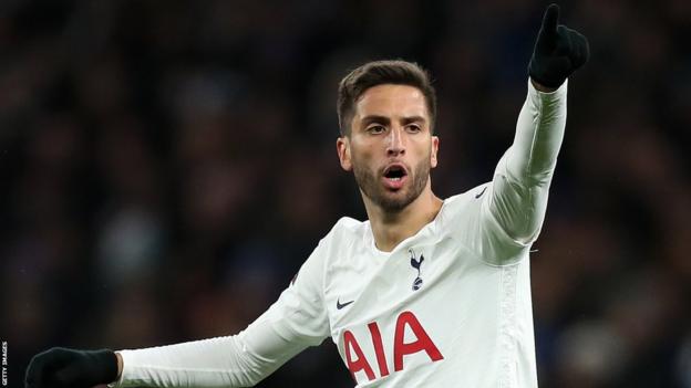 Rodrigo Bentancur of Tottenham Hotspur points