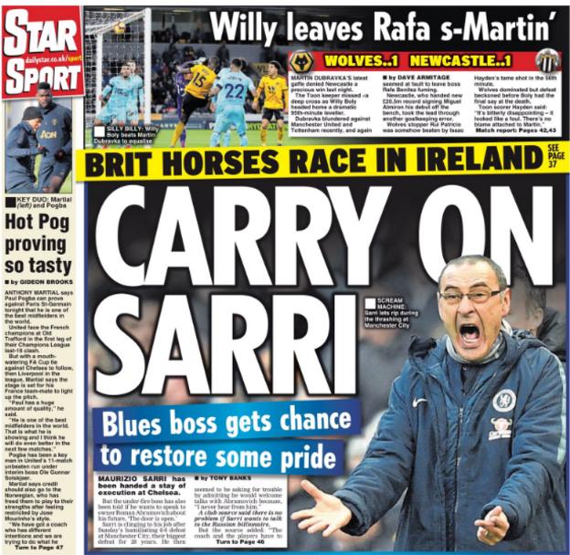 The Daily Star leads on Maurizio Sarri's Chelsea future