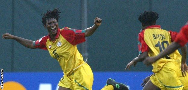 Alberta Sackey celebrates a goal for Ghana at the 2003 Women's World Cup