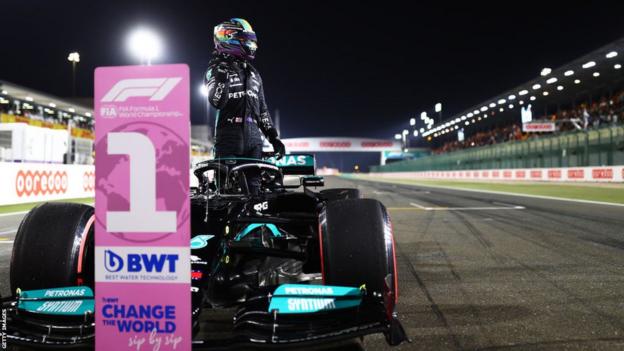 Lewis Hamilton celebrates winning the Qatar Grand Prix in 2021