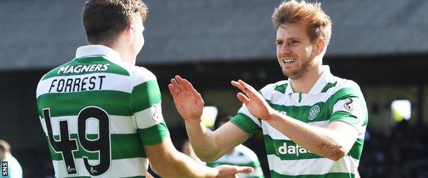 Celtic's James Forrest and Stuart Armstrong celebrate against Dundee