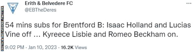Tweet from Erith & Belvedere saying "54 mins subs for Brentford B: Isaac Holland and Lucias Vine off...Kyreece Lisbie and Romeo Beckham on.