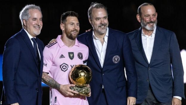 Lionel Messi with Inter Miami's managing owner Jorge Mas and co-owner Jose Mas, plus MLS commissioner Don Garber