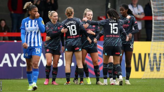 Man City celebrate Lauren Hemp making it 0-1