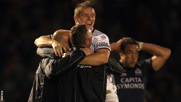 Gareth Steenson and his Exeter teammates celebrate victory over Bristol in 2010