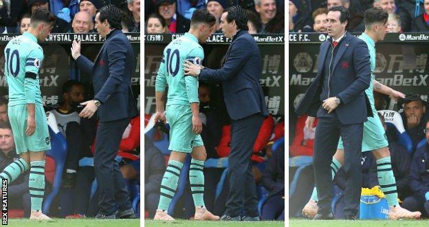 Mesut Ozil refused to high-five Arsenal boss Unai Emery after being substituted during Sunday's draw with Crystal Palace