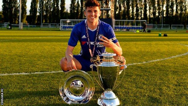 Mason Mount of Chelsea celebrates after winning the U18 Premier League