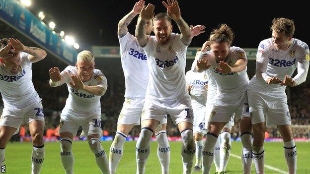 Leeds United defender Pontus Jansson celebrates his goal against Swansea City