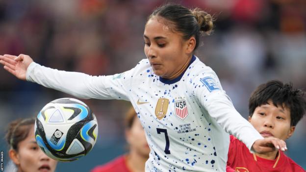 Alyssa Thompson in action for the United States against Vietnam at the Women's World Cup