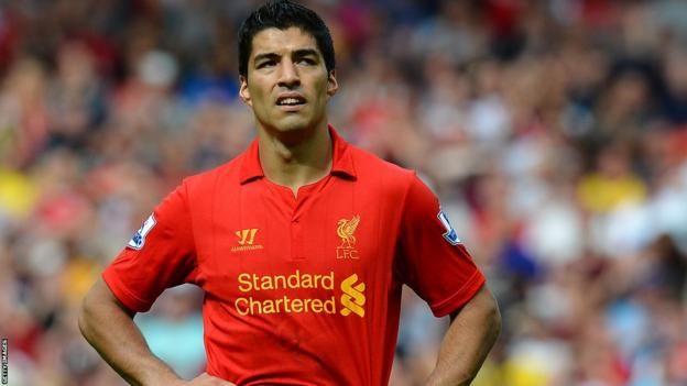Luis Suarez in Liverpool kit looking pensive
