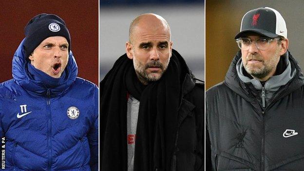 Chelsea manager Thomas Tuchel (left), Manchester City boss Pep Guardiola and Liverpool manager Jurgen Klopp