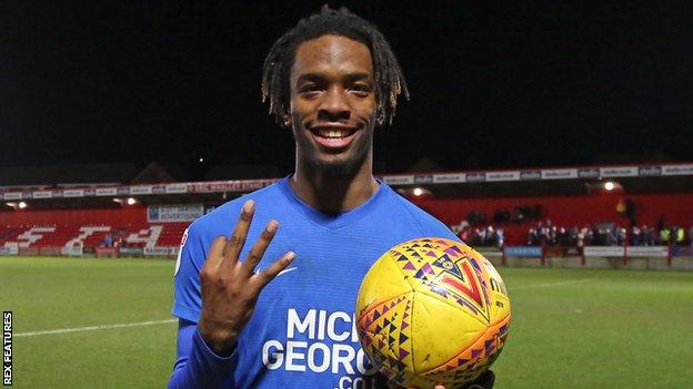 Ivan Toney with the match ball after his hat-trick for Peterborough against Accrington