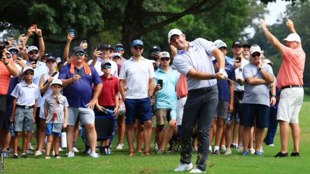 Rory McIlroy takes a tee shot at the Tour Championship