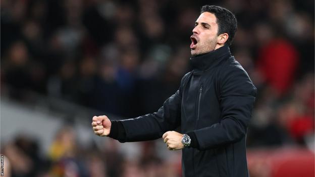 Mikel Arteta manager of Arsenal celebrates during the Premier League match