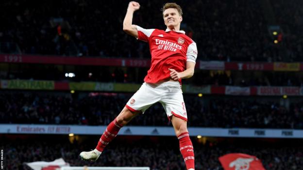 Martin Odegaard celebrates a extremity   for Arsenal