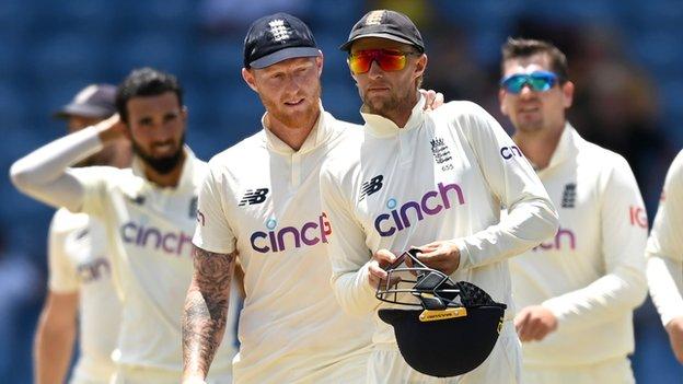 England captain Joe Root is consoled by Ben Stokes after the third Test against West Indies