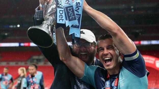 Matt Bloomfield celebrates Wycombe's win in the 2020 League One play-off final