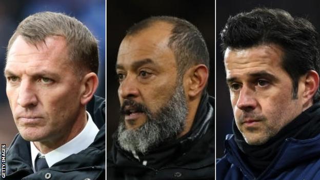 Leicester manager Brendan Rodgers, Wolves head coach Nuno Espirito Santo and Everton manager Marco Silva