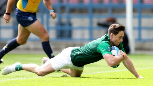 Ireland's BillyDardis scores a try in their 24-0 win over Portugal