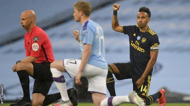 The Premier League resumed on 17 June with players taking a knee