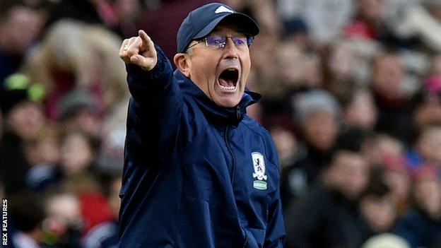 Middlesbrough manager Tony Pulis gives orders from the touchline