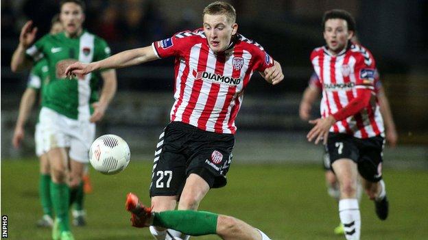 Ronan Curtis drives forward against Cork with his goal proving decisive at the Brandywell