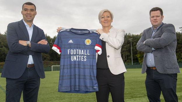 Malcolm Kpedekpo, Scotland Women's Under-17 coach Pauline MacDonald and Scottish FA' diversity and inclusion manager launch the new initiative