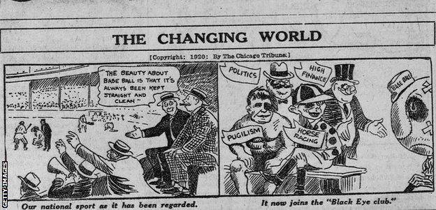 A satirical cartoon published in the Chicago Tribune in response to news of the 1919 fix