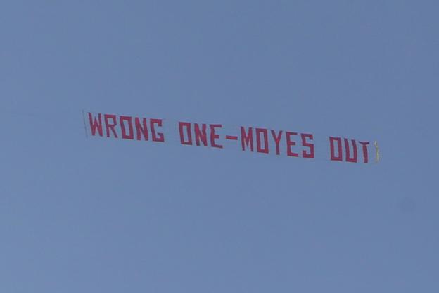 The 'Moyes Out' banner before Manchester United's 4-1 win over Aston Villa