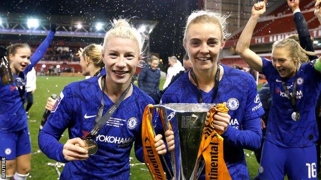 Bethany England and Chelsea team-mate Sophie Ingle with the Continental League Cup