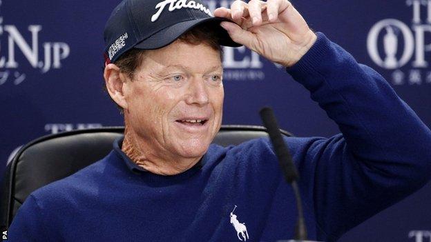 Tom Watson adjusts his cap as he speaks to the media on Wednesday ahead of the Open