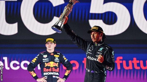 Lewis Hamilton celebrates his win in Saudi Arabia