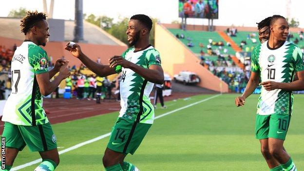 Samuel Chukwueze celebrates his early goal for Nigeria