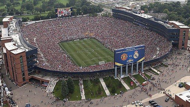A crowd of 109,000 people watching Manchester United v Real Madrid in Michigan, USA in 2014