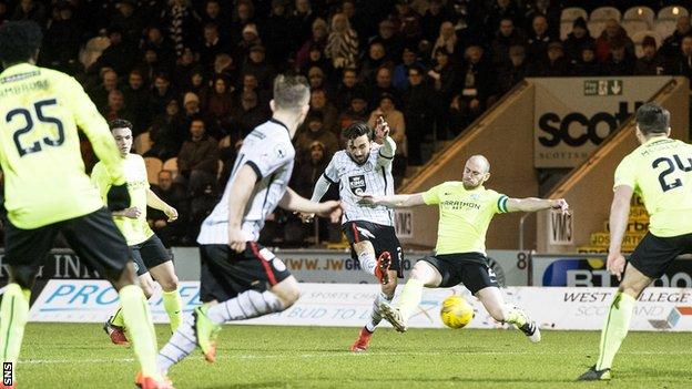 Stelios Demetriou scores his second goal for St Mirren against Hibs