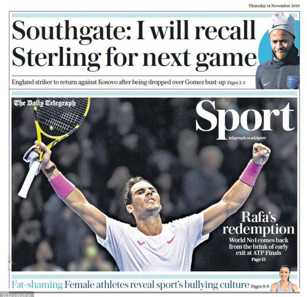 The front page of the Daily telegraph sports section